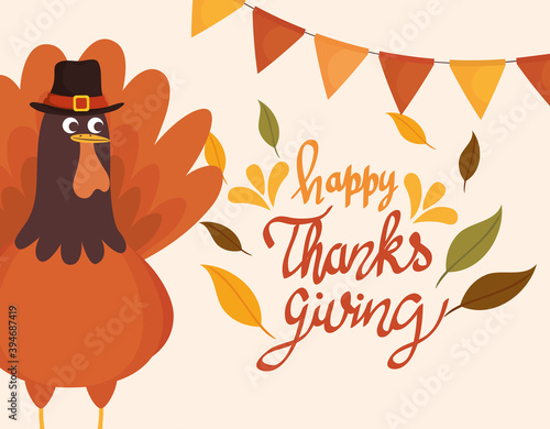happy thanksgiving celebration lettering card with garlands and turkey vector illustration design