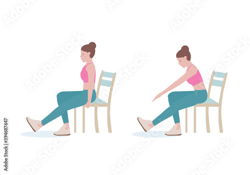 Exercises that can be done at-home using a sturdy chair.
Extending the right leg out. The heel on the floor, toes pointed up and knee as straight as you can. with Hamstring Stretch posture. 