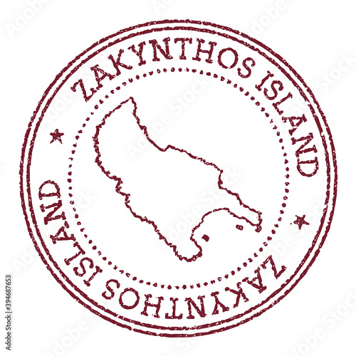 Zakynthos Island round rubber stamp with island map. Vintage red passport stamp with circular text and stars, vector illustration.