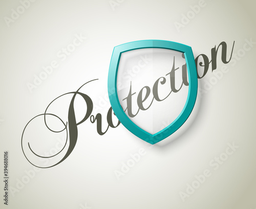 Protection font lettering & transparent shield concept. Safety badge icon. Privacy banner shield. Security label. Defense shield tag. Presentation sticker shape. illustration background