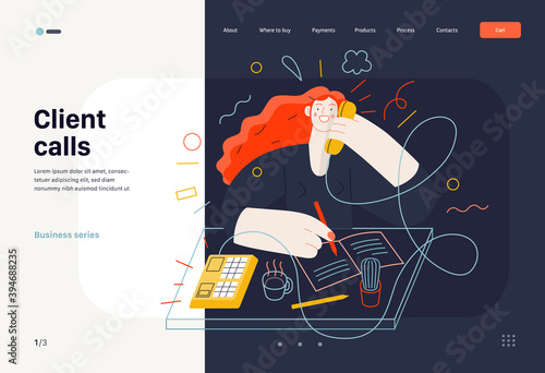 Business topics - client calls, web template. Flat style modern outlined vector concept illustration. A red-haired woman talking to a client by the phone at the office desk. Business metaphor.