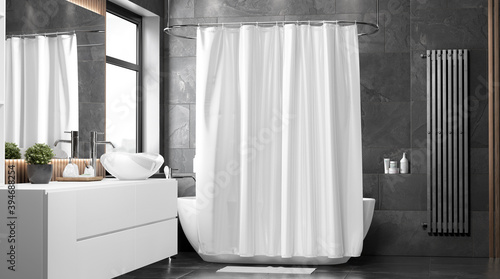Blank white closed shower curtain mock up, front view photo