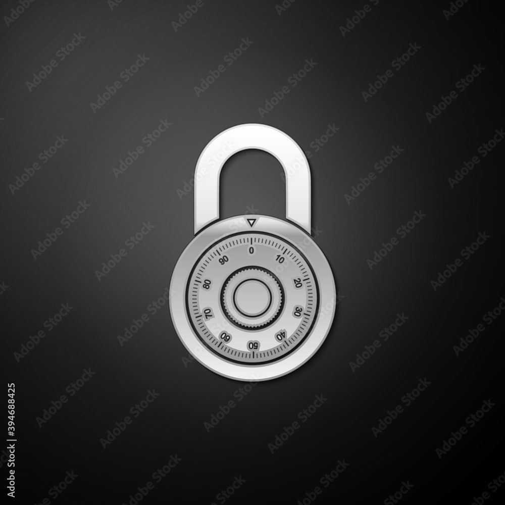 Silver Safe combination lock wheel icon isolated on black background. Combination Padlock. Protection concept. Password sign. Long shadow style. Vector. Silver Safe combination lock wheel icon isolated on black background. Combination Padlock. Protection concept. Password sign. Long shadow style. Vector.