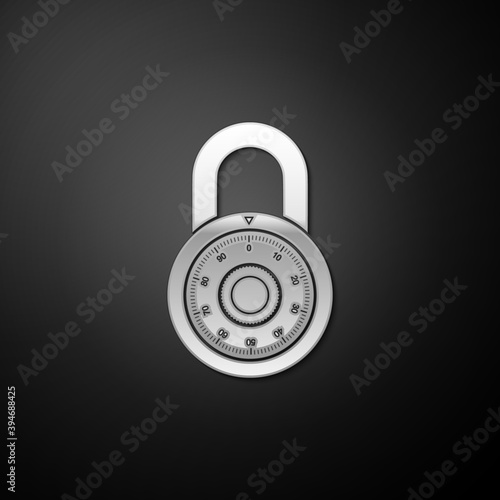 Silver Safe combination lock wheel icon isolated on black background. Combination Padlock. Protection concept. Password sign. Long shadow style. Vector.
