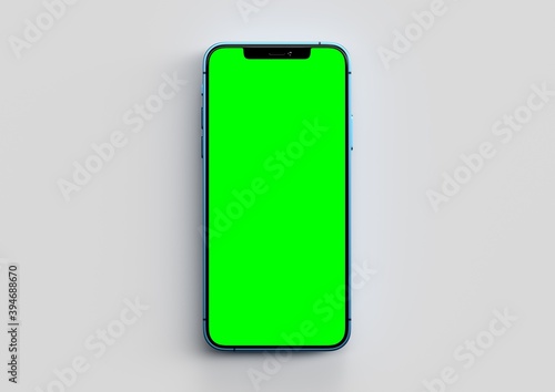 Iphone 12 Pro max 3d render realistic mock up on white backgound with green screen to replace with your design photo