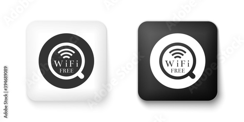 Black and white Cup of coffee shop with free wifi zone icon isolated on white background. Internet connection placard. Square button. Vector.