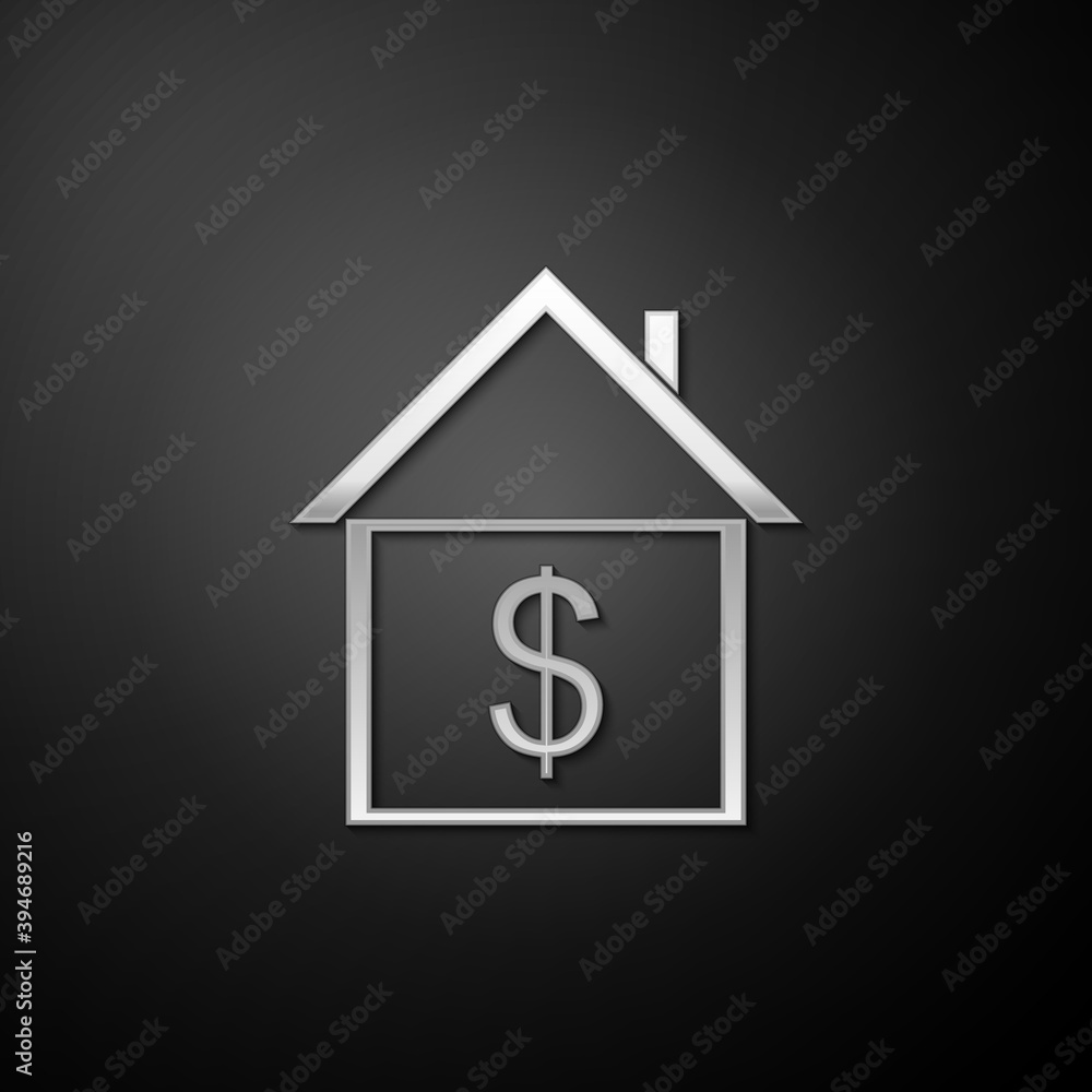 Silver House with dollar icon isolated on black background. Home and money. Real estate concept. Long shadow style. Vector. Silver House with dollar icon isolated on black background. Home and money. Real estate concept. Long shadow style. Vector.