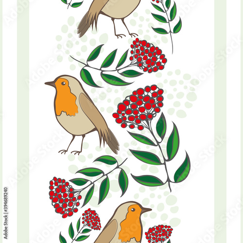 Robin Redbreast, berries, leaves, stripes seamless vector pattern background. Geometric backdrop with garden birds and red fruit cotoneaster plant. Winter nature wildlife and botanical all over print.