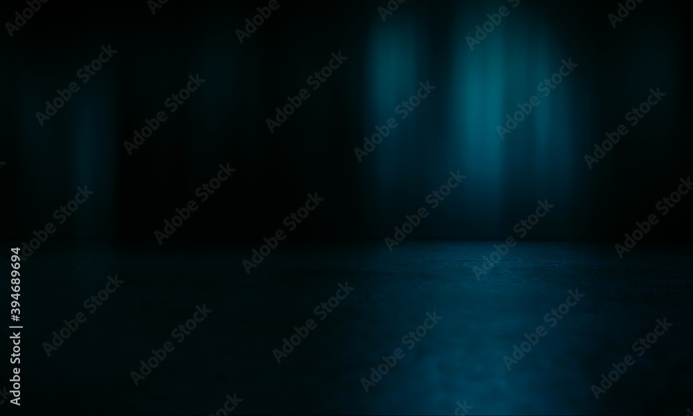 Obraz premium Dark abstract background toned in blue. Smoke, fog, smog, the reflection of a neon spotlight on the asphalt. Empty street background at night. 3d illustration