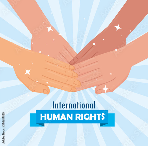 international human rights lettering poster with interracial hands unity vector illustration design