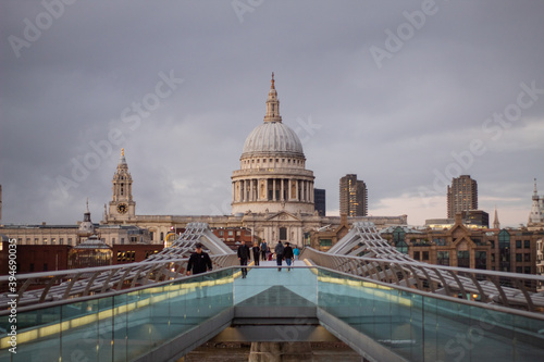 St Paul Cathedral from the Millennial Bridge under cloudy sky
