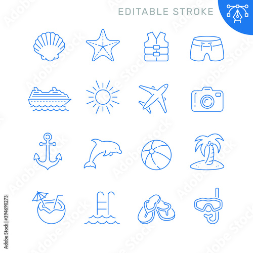 Holiday and summer related icons. Editable stroke. Thin vector icon set