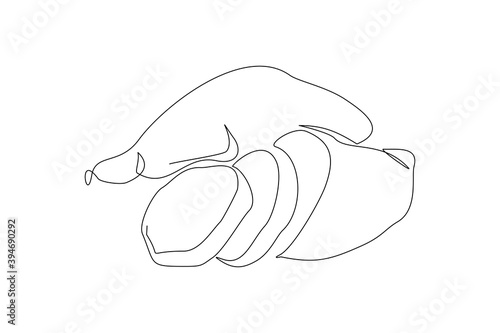 Continuous line drawing of whole health organic sweet potato for farm logo identity. One line art of fresh tuberous morning glory concept for horticultural icon. vector illustration