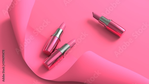 Luxury lipsticks with pink colour ribbon make-up and cosmetics for beauty brand product design. Glamorous and fashionable lipsticks and accessories . This is a 3d render