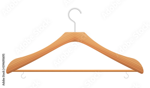 Wooden clothes hanger with crossbar and little hooks, single, frontal, empty, wood texture. Isolated vector illustration on white background.
