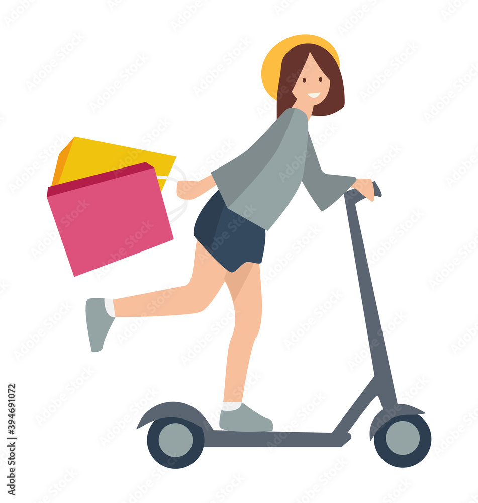 Woman with shopping bags in her hands is riding after purchases. Young beautiful fashion shopper girl isolated on white background. Sale advertising. Female character a scooter rides from the store Woman with shopping bags in her hands is riding after purchases. Young beautiful fashion shopper girl isolated on white background. Sale advertising. Female character a scooter rides from the store