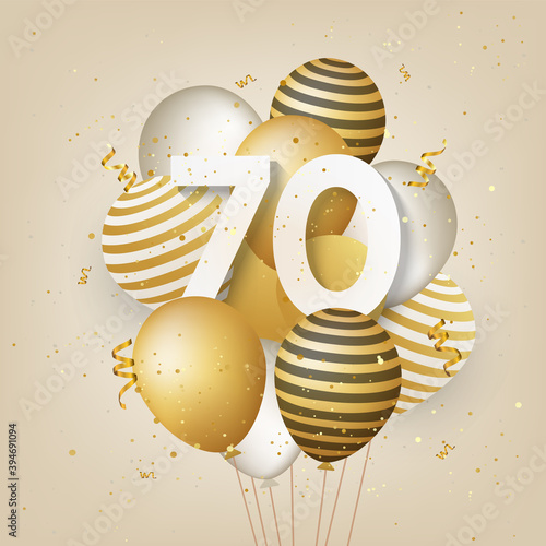 Happy 70th birthday with gold balloons greeting card background. 70 years anniversary. 70th celebrating with confetti. Vector stock
