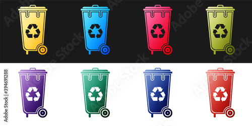 Set Recycle bin with recycle symbol icon isolated on black and white background. Trash can icon. Garbage bin sign. Recycle basket icon. Vector.