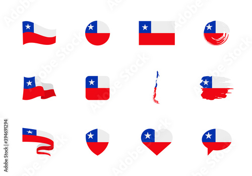 Chile flag - flat collection. Flags of different shaped twelve flat icons.