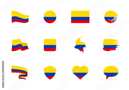 Colombia flag - flat collection. Flags of different shaped twelve flat icons.