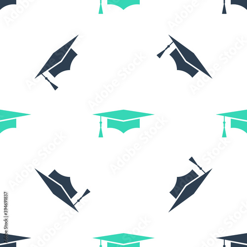 Green Graduation cap icon isolated seamless pattern on white background. Graduation hat with tassel icon. Vector.