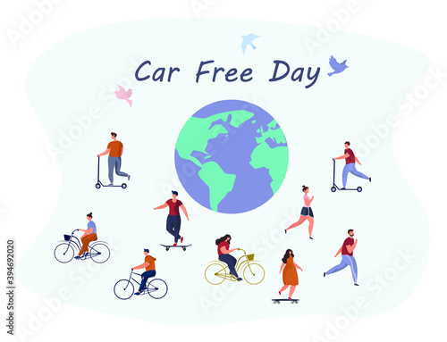 Car Free Day.Day Without a Car.Bicycle and Earth.Sepember 22. World Environment Eay.Ecological Clean Earth.People Walking or Riding Bicycle or Scooter.Birds on Background.Flat Vector Illustration