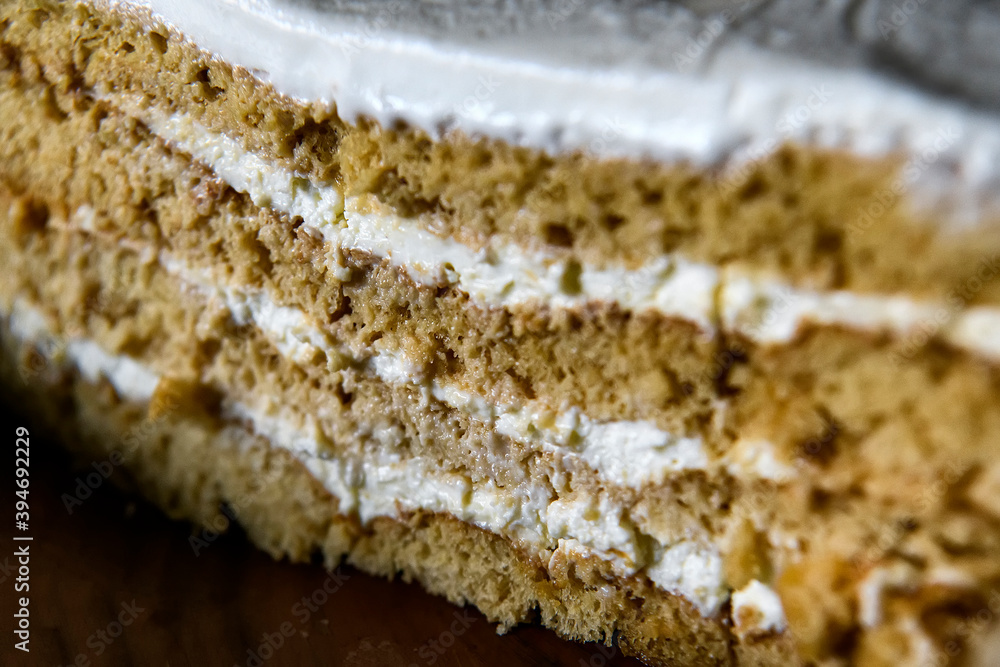 Fototapeta premium Close up view of Piece of homemade honey cake. Soft selective focus.