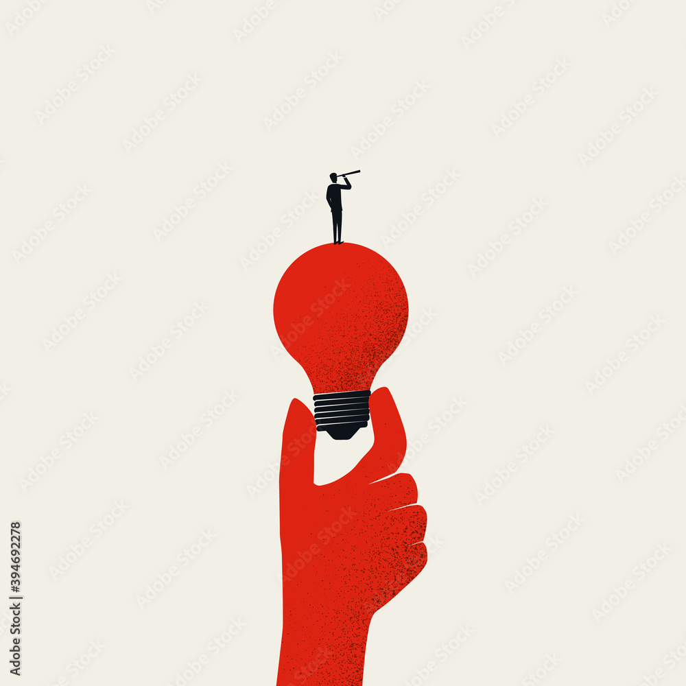 Business vision, creativity and new ideas vector illustration concept. Man standing on lightbulb with telescope. - obrazy, fototapety, plakaty 