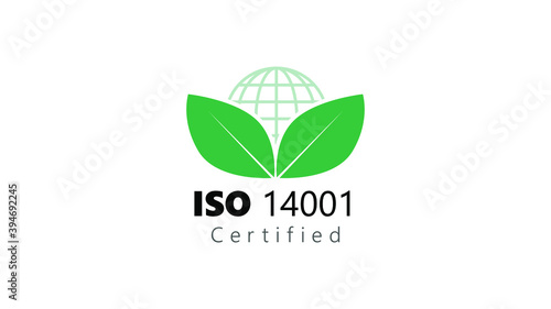 ISO 14001 certified international standard organization environtment management globe and green leaf vector illustration