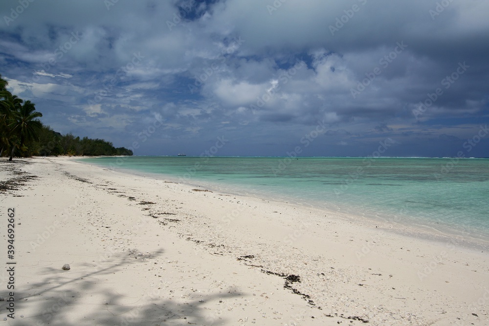 View of the coast of Aitutaki island and Pacific Ocean. Cook Islands.