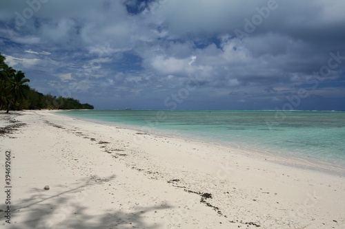 View of the coast of Aitutaki island and Pacific Ocean. Cook Islands.
