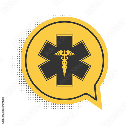 Black Emergency star - medical symbol Caduceus snake with stick icon isolated on white background. Star of Life. Yellow speech bubble symbol. Vector. photo