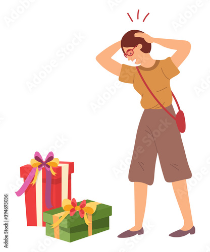 The girl is terrified. Young beautiful woman stands and looks in amazement at the gift boxes. Sale advertising concept. Female character near holliday presents on the floor on white background
