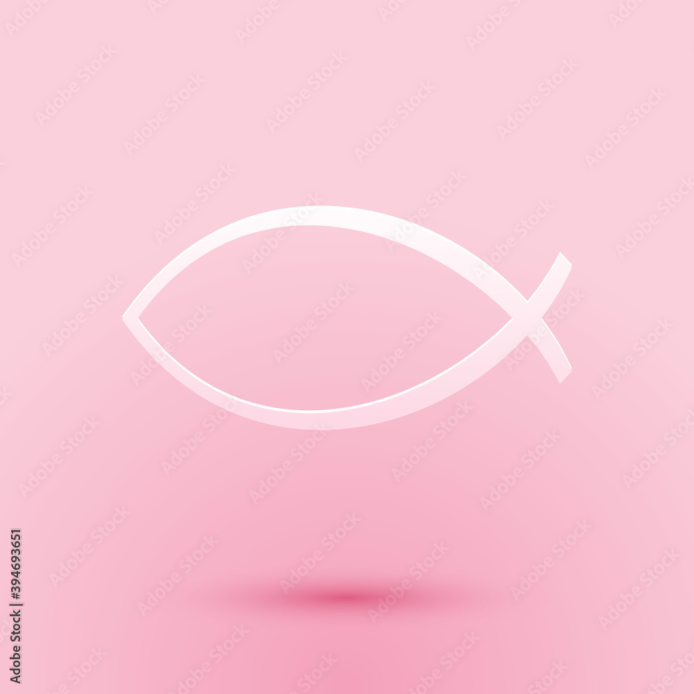 Paper cut Christian fish symbol icon isolated on pink background. Jesus fish symbol. Paper art style. Vector. Paper cut Christian fish symbol icon isolated on pink background. Jesus fish symbol. Paper art style. Vector.