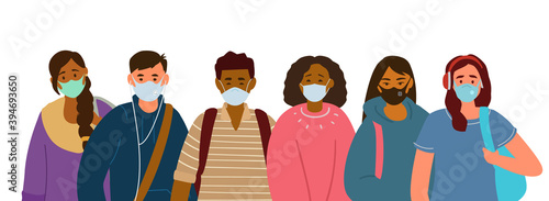 Multiethnic Group Of Students, Teenagers Wearing Protective Face Masks To Protect From Viruses, Flu. Flat Vector Illustration Isolated On White.
