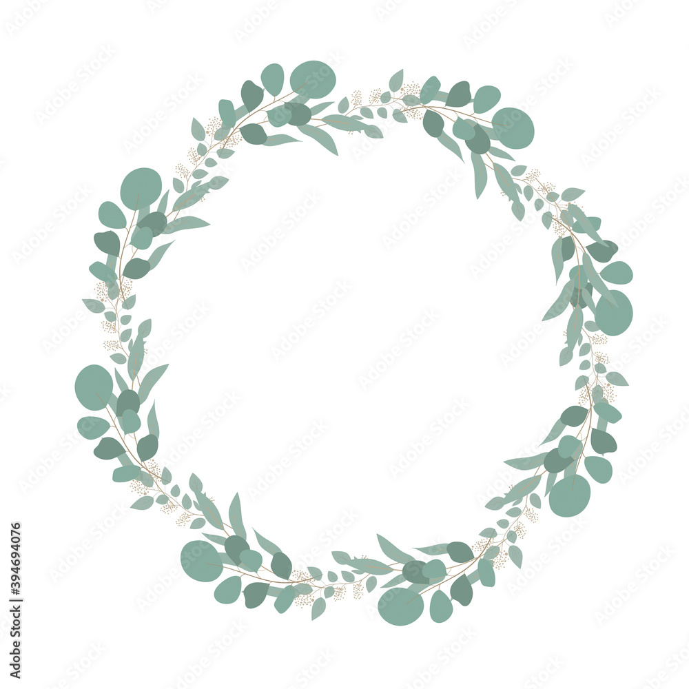 Eucaliptus frame with green  leaves on white background. Seasonal poster in trendy paper cute style. Design template for print or web. Vector illustration.