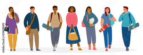 Multiethnic Group Of Students, Teenagers With Books, Backpacks, Skateboards. Flat Vector  Illustration Isolated On White.