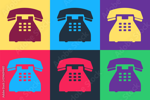 Pop art Telephone icon isolated on color background. Landline phone. Vector.