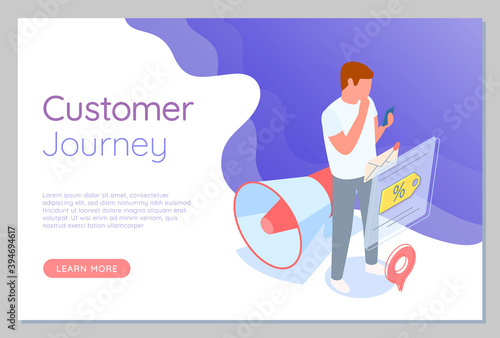 Promotion concept. Man looking at discount promotion in mobile phone application selecting purchase. Shopping sale in online store, remote male buyer selects product on site, standing near loudspeaker
