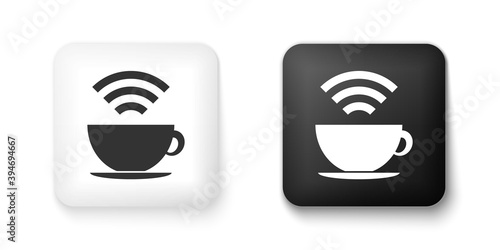 Black and white Cup of coffee shop with free wifi zone icon isolated on white background. Internet connection placard. Square button. Vector.