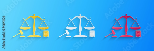 Paper cut Scales of justice, gavel and book icon isolated on blue background. Symbol of law and justice. Concept law. Legal law and auction symbol. Paper art style. Vector.