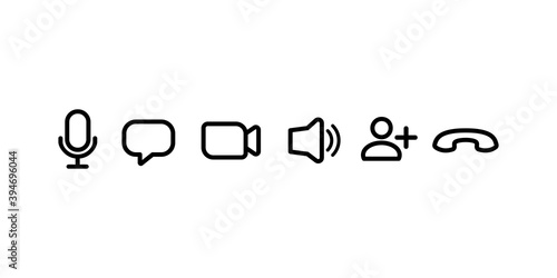 Set of icons for video conferencing, instant messengers, mic, sound and call. Outline style vector illustration