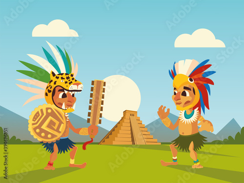 aztec warriors in headgear shield and pyramid landscape