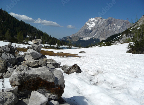 Mountain hiking tour to Seebensee lake, Zugspitze, Tyrol, Austria photo