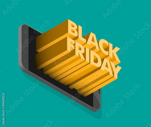 Black Friday Sale isometry phone banner. 3D text Black Friday Sale smartphone poster. Advertising isometric illustration. Black Friday Sale tablet banner. Seasonal holidays discounts isometry ad offer