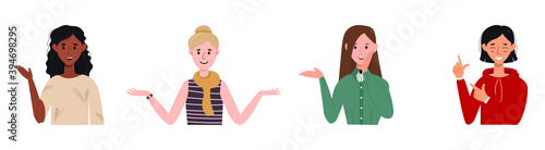 set of gestures of happy girls, girls show the goods with their palm. vector stock illustration for advertising, flat style