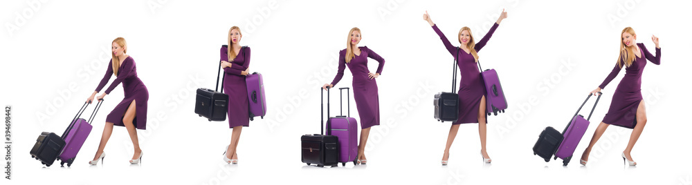 Woman preparing for vacation with suitcase on white Woman preparing for vacation with suitcase on white