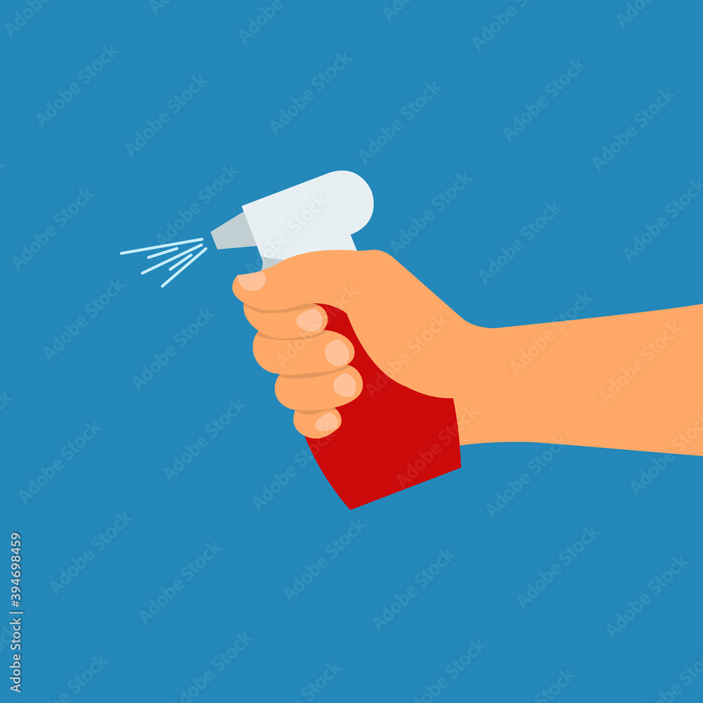 Hand holds antibacterial sanitizing spray against viral infection or group of viruses, bacteria. Vector illustration. Flat design Hand holds antibacterial sanitizing spray against viral infection or group of viruses, bacteria. Vector illustration. Flat design