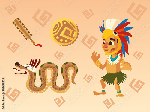 aztec warrior in traditional feather headgear snake coin and weapon set icons