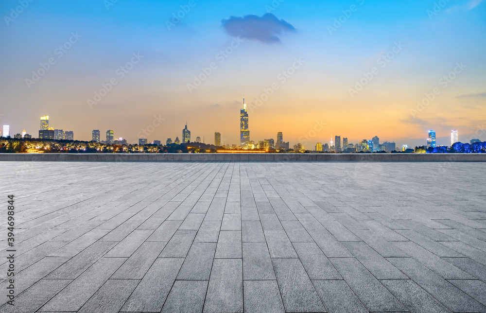 Empty square floor and Nanjing city scenery, China